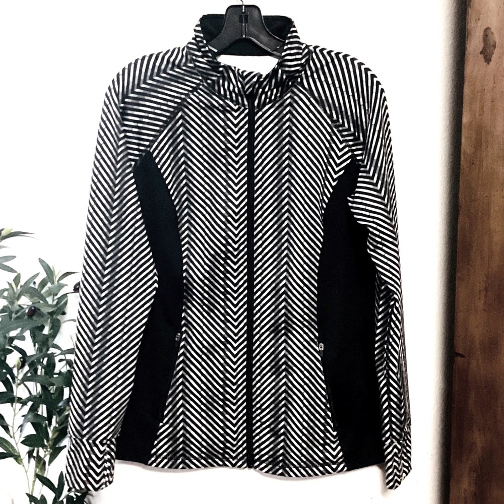 Ideology Womens Black White Chevron Full Zip Track Jacket Thumbholes Size M